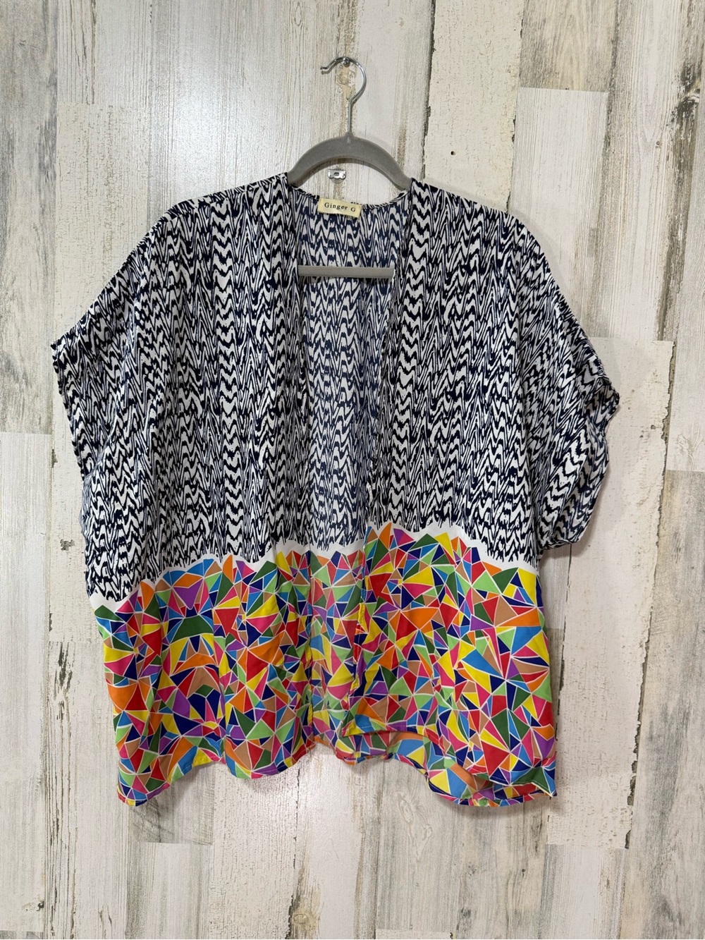 Ginger G Black & Multicolor Geometric Hem Kimono Cardigan